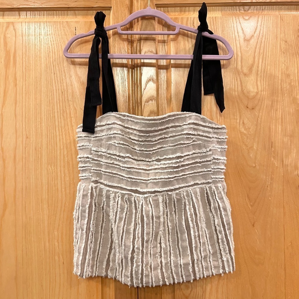 Maeve Anthropologie Top Textured Fringe Sleeveless Black Tie Strap Casual Chic - Picture 2 of 9